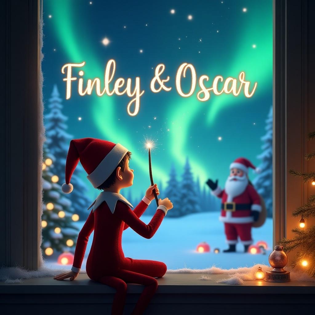 Elf facing the sky with a wand writing in the sky. Background features northern lights. Santa and festive scene included. Names Finley and Oscar written elegantly in the sky.