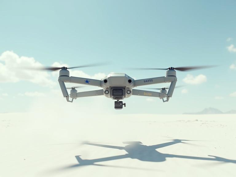 Cinematic small light grey hover drone in a white desert. Drone features small minigun underneath and dust blowing. Blue sky with clouds. Focus on realism, details, and textures. High resolution.