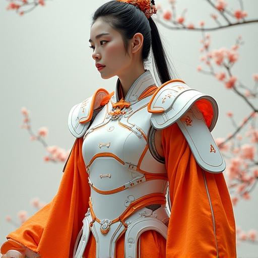 Inspired by the Hwarang elite warrior-poets of the Silla Dynasty. They are cybernetic guardians of culture and emotion in the AI era. Visually striking characters symbolize soul, style, and philosophy. Presence is powerful and poetic. Fusion of white, orange, and sharp textures reflects purity, intensity, and mechanical precision. Represents the evolution of Korean identity in a post-human future.