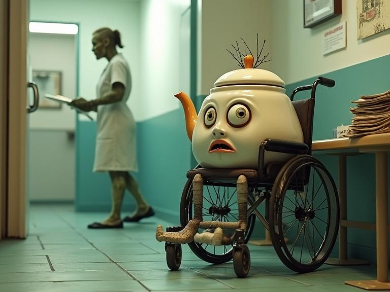 Anthropomorphic teapot with a terrified expression in a wheelchair. Brightly lit doctor's office waiting room setting. Zombie nurse in profile enters through a door. Greenish skin and exposed skeletal bones. Tattered 1950s uniform and clipboard. Side table with faded magazines nearby.
