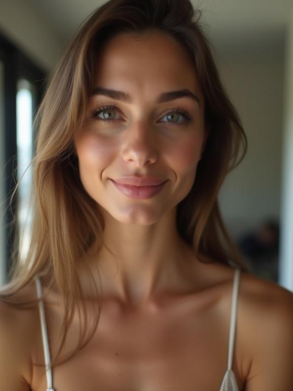 Cellphone selfie photo of a beautiful woman. She has a warm smile and soft features. The background is bright and subtly blurred. The image captures her neckline and highlights her natural beauty.