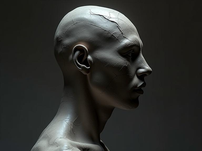 3D full body model with cracked skin features. Monogon style with photorealistic dramatic lighting. Unchained mannequin depicted in soft painting style. Inspired by artists including Greg Rutkowski and Hajime Sorayama. Captured in macro view against a dark void background.