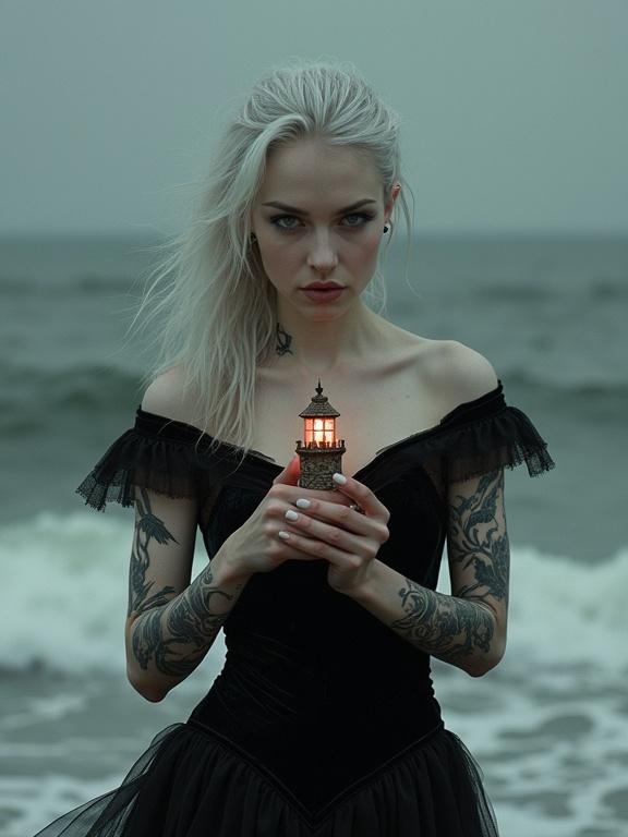 A pale silver-haired woman stands against a stormy sea. She wears a dark velvet gown. A miniature glowing lighthouse is held in her hands. Her eyes faintly glow. Tattoos of waves and crows cover her arms. The style is reminiscent of Tom Bagshaw. The portrait features gothic fantasy elements and rich details. The colors are muted grays with silver and crimson accents. The atmosphere is haunting.