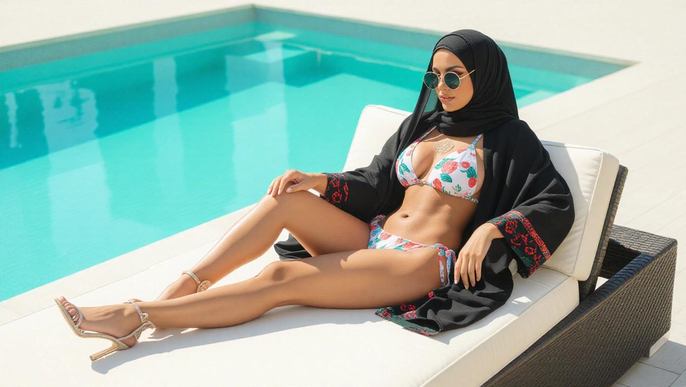A lady in a hijab wears a bikini and heels while lounging by a pool on a sofa. The setting showcases a luxurious outdoor area with clear water and sunlight.