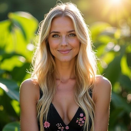 Portrait of a woman with long blonde hair in a garden. She has a serene expression and is smiling. Wears a black dress with pink flowers. Background is blurred greenery. Warm light enhances the scene. Mood is cheerful and refreshing.