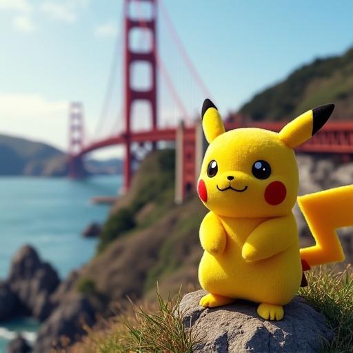 A plush toy of Pikachu standing on a rocky surface with the Golden Gate Bridge in the background. The scene captures San Francisco's landscape and highlights the toy's playful appearance.
