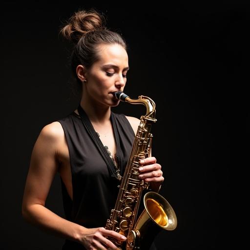 A woman confidently plays a saxophone in a dramatic setting. The scene is set against a dark background. Her posture highlights the instrument and showcases her musicianship. Emphasis on the saxophone captures attention.