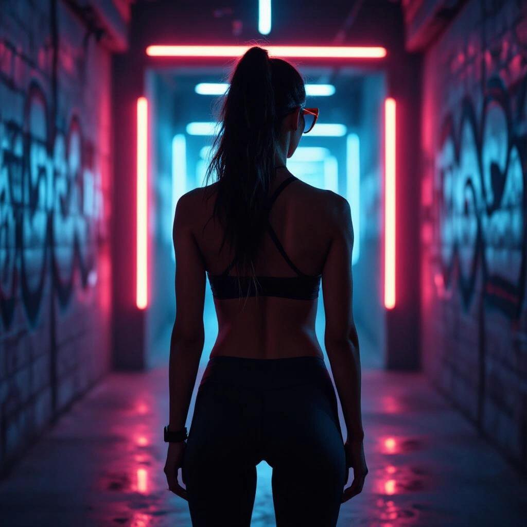 Future scene with a female model facing away showing off attributes. Wearing a light halter top and yoga pants. Standing in a dark neon dungeon with sunglasses. Raw photo aesthetic.
