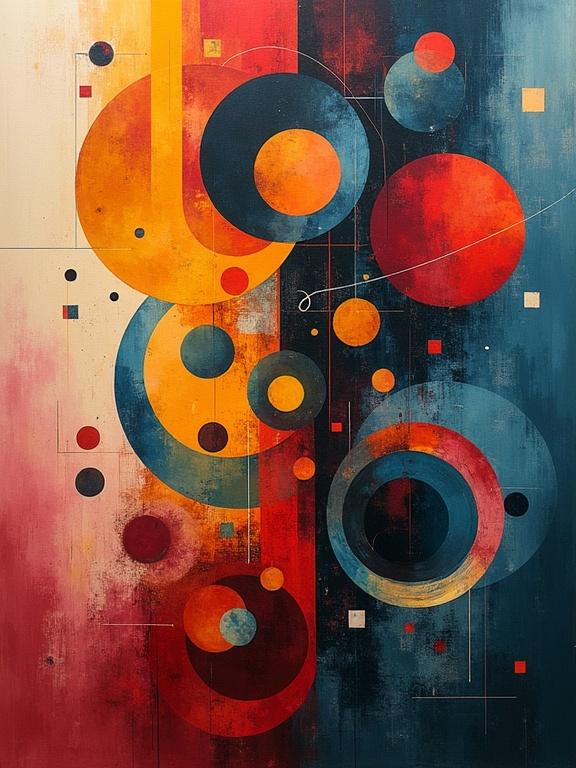 Abstract representation of euphoria with chaotic blending of geometric shapes. Includes circles and squares creating a foggy texture. Inspired by Wassily Kandinsky's style. Female shapes subtly integrated in the background. Utilizes vivid colors vigorously.