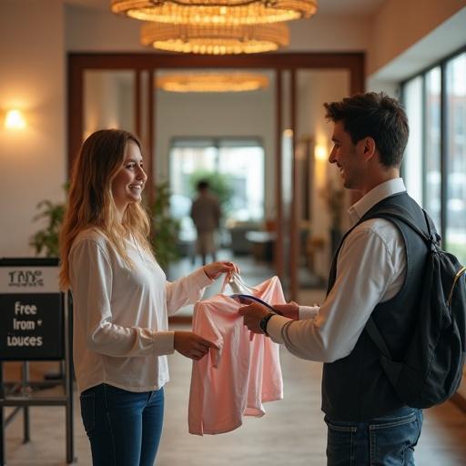 Modern apartment lobby with cheerful atmosphere. A mom hands a wrinkled shirt to a bTaskee staff member. Another tasker irons clothes. Warm lighting present. Free Ironing Today sign in view. Realistic photo.
