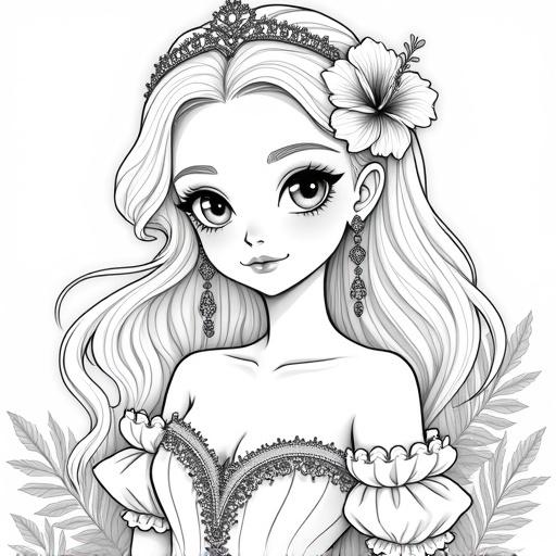 Black and white line art of a young princess. Large innocent eyes and gentle expression. Lengthy wavy hair with a tiara and a hibiscus flower. Wears off-the-shoulder gown with ruffles and jeweled earrings. Background features leafy foliage. Ethereal and gentle presentation.