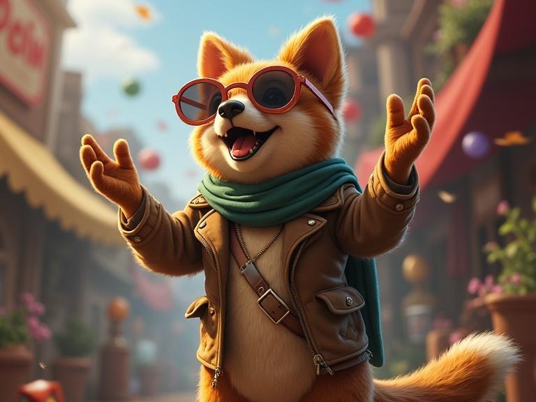 A character is celebrating an increase in followers. Character has a '$0 spent' tag. The character is a stylish dog wearing sunglasses and a scarf. The setting is vibrant with a market atmosphere.