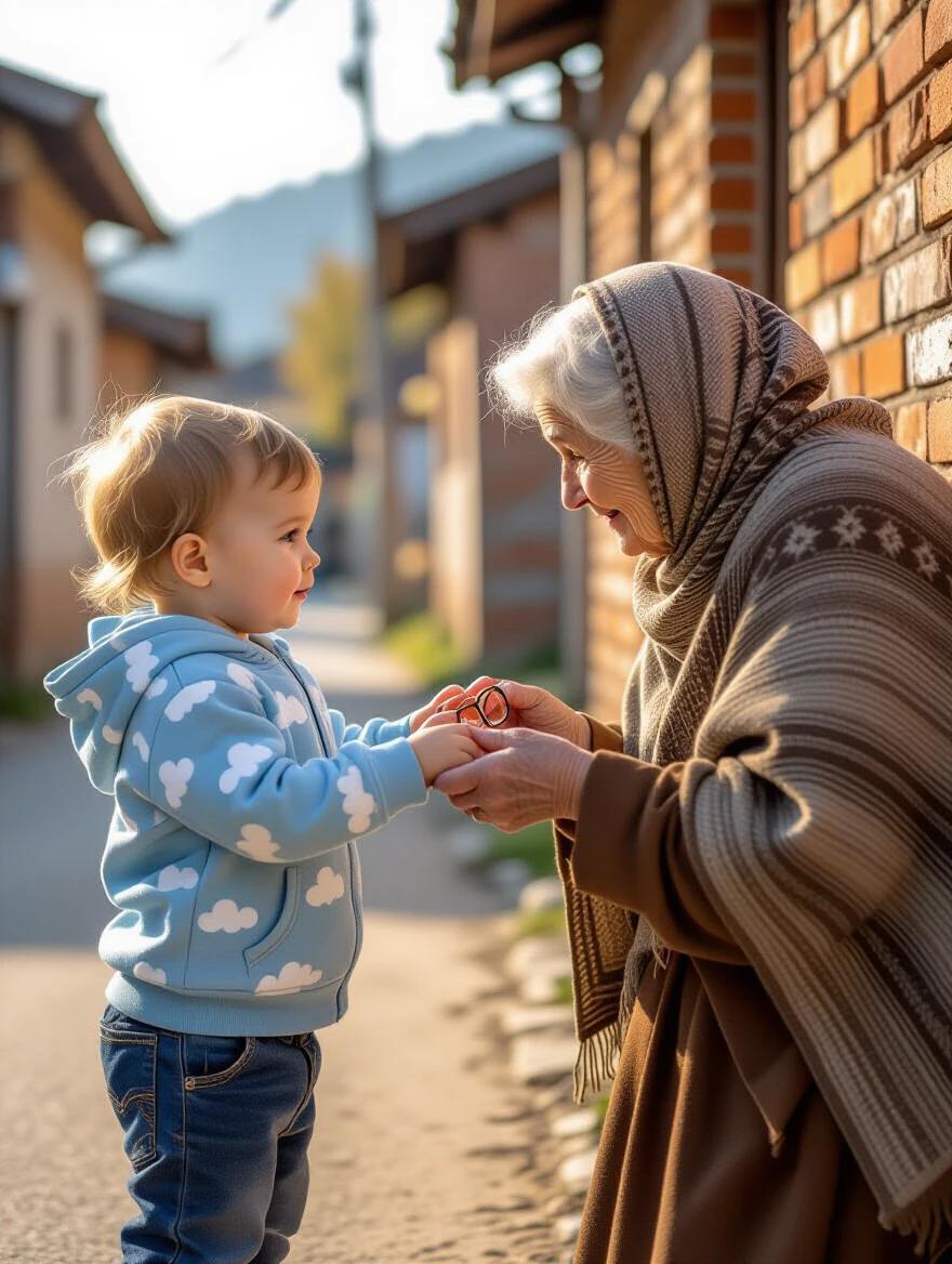 A calm baby boy in a sky-blue hoodie stands on a village street. He gently hands reading glasses to an elderly woman dressed in a shawl. The sunlight softens the scene with warmth. Details on their expressions show love and kindness. The old brick background is slightly blurred to emphasize the emotional interaction.