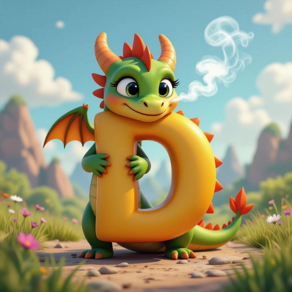 Cute baby dragon character shaped like letter D. Tiny wings are flapping. Breathing sparkly smoke. Standing in colorful ABC fantasy landscape. 9:16 aspect ratio.