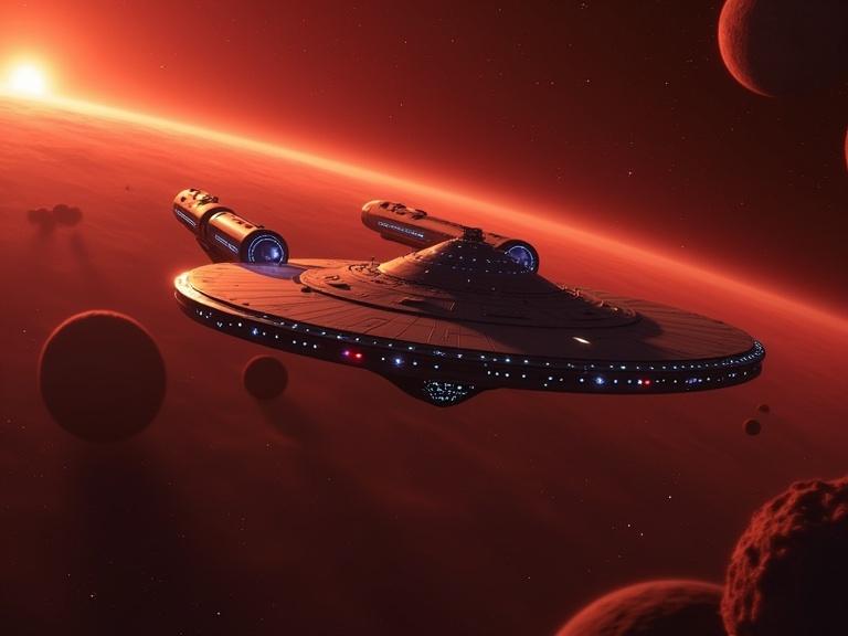 The image depicts a starship inspired by Star Trek. The ship orbits a red planet in outer space. There are multiple celestial bodies in the background. Bright sunlight is visible. The scene evokes a sci-fi ambiance.