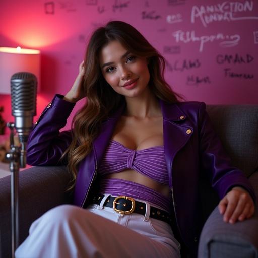 Beautiful woman sits in an elegant chair. Room has cinematic theme. She smiles with hazel eyes. Long wavy hair frames her face. Wearing purple top and white skirt. Engaging with the camera. Bright room with movie frames. Neon sign and movie props present.