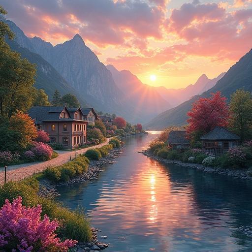 A village next to a river with mountains in the background. Vibrant flowers surround the landscape. Detailed foliage and charming houses line the paved street. The sunset casts warm colors over the scene, creating a picturesque atmosphere with reflections on the water. The landscape features intricate details and anime-inspired elements.