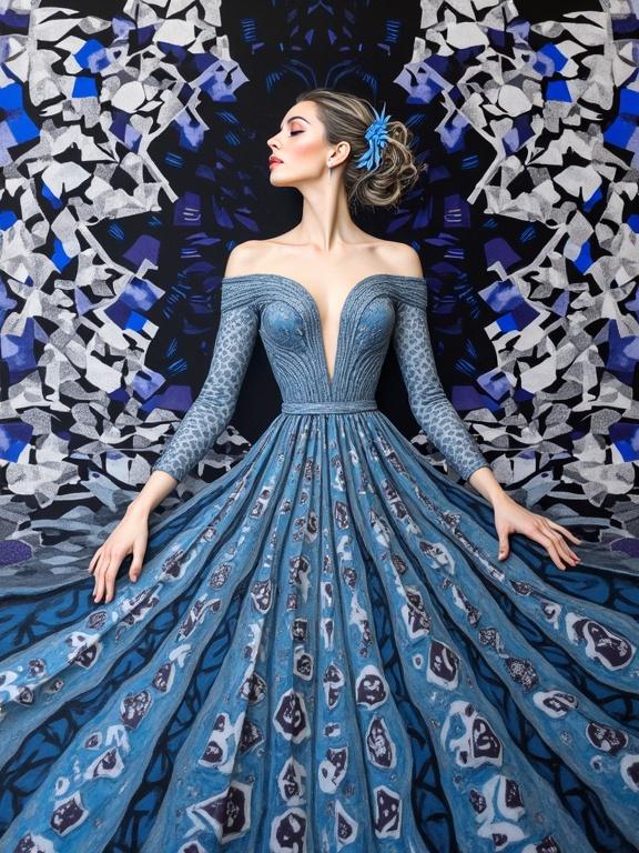 Surreal 3D portrait of a stunning woman in a kaleidoscopic dress. Dress features intricate geometric patterns and optical illusions. Style influenced by Escher's tessellations, Bridget Riley's op art, and Sonia Delaunay's morphism. Dominant colors are black, white, silver, violet, indigo, and blue.