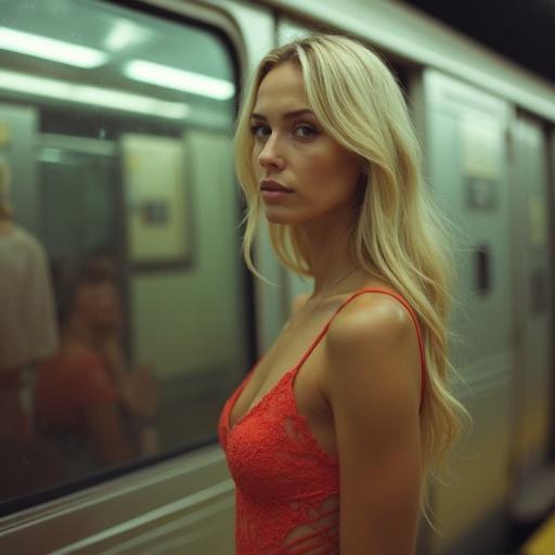 Woman stands in front of subway car. She wears a red lace swimsuit. Long blonde hair flows down. Soft natural light creates shadows. Focus on her reflection. The mood is calm and peaceful. Capture the urban setting.