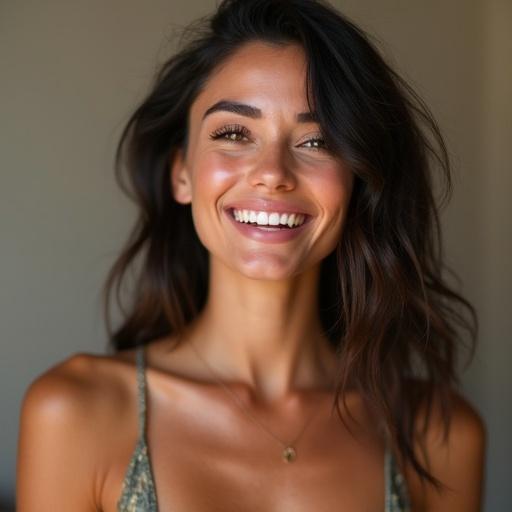 Stunning woman with an amazing and beautiful smile. She appears very happy. Wearing a plunging top. Natural beauty and charm. Bright and inviting expression.