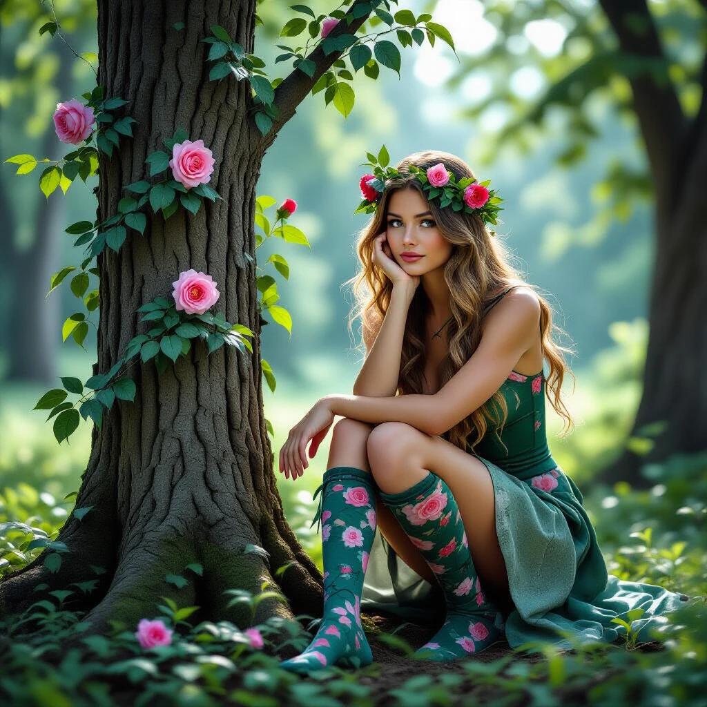 Girl sitting near a tree decorated with flowers. She wears thigh-high socks and a green dress. Ivy and roses surround her. The setting is vibrant and enchanting. Soft light creates a magical atmosphere.
