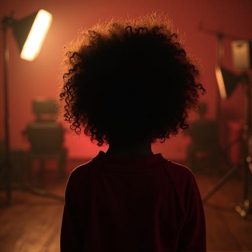 A young black darkskin child with curly hair stands with back to camera in a film studio. Dimmed lights illuminate the set. The room is filled with equipment and shadowy figures.