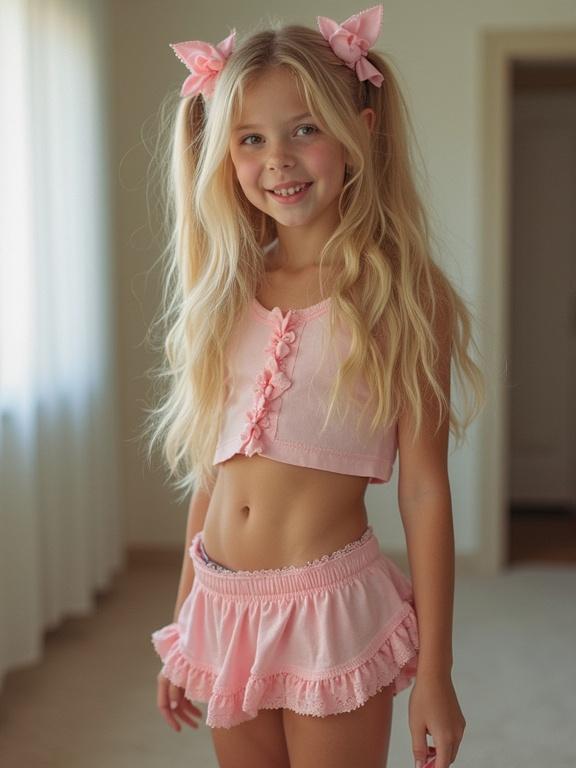 A young girl stands wearing a pink crop top and pale pink micro-skirt. Long blonde hair styled in twin tails with pink bows. The girl has a playful pose. The background shows soft lighting and neutral colors. Photograph captures youthful innocence.