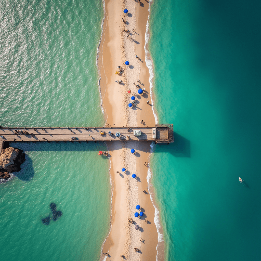 Aerial view of a narrow sandy beach with blue umbrellas, surrounded by turquoise water, and a pier extending over the sand.