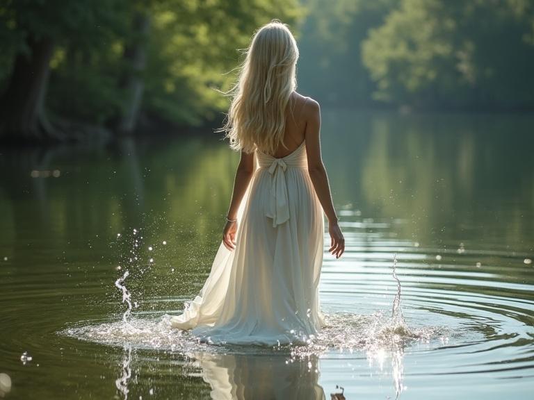 A cinematic scene of a young cute girl with long straight platinum blonde hair. She wears a flowing white dress. She stands in a calm lake surrounded by woods. Water appears to float around her. Natural sunlight creates a serene atmosphere with reflections and ripples.