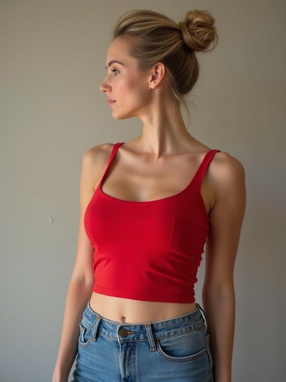 Beautiful mother wearing a red cropped tank top and low-rise tight jeans. Model features an hourglass figure, slim waist, and updo hairstyle. Displaying vibrant fashion and beauty.