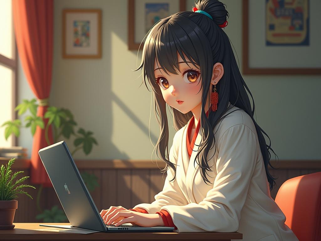 A girl with long black hair sits in a room wearing a traditional outfit. She types on a laptop with soft light coming through the window. The room has a cozy atmosphere with plants and artwork.