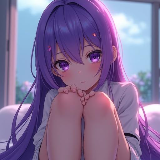 Ultra realistic portrayal of an anime girl with long purple hair adorned with highlights. Her eyes are soft and expressive, and her skin is smooth and pale. The outfit is futuristic and set against a cyberpunk background. The image captures a DSLR photography style, utilizing cinematic lighting and depth of field. In 4k resolution with photorealistic detail, the focus is sharp on her facial features. She poses naturally with bare feet, showing realistic toes without deformation, in a clean and subtle perspective.