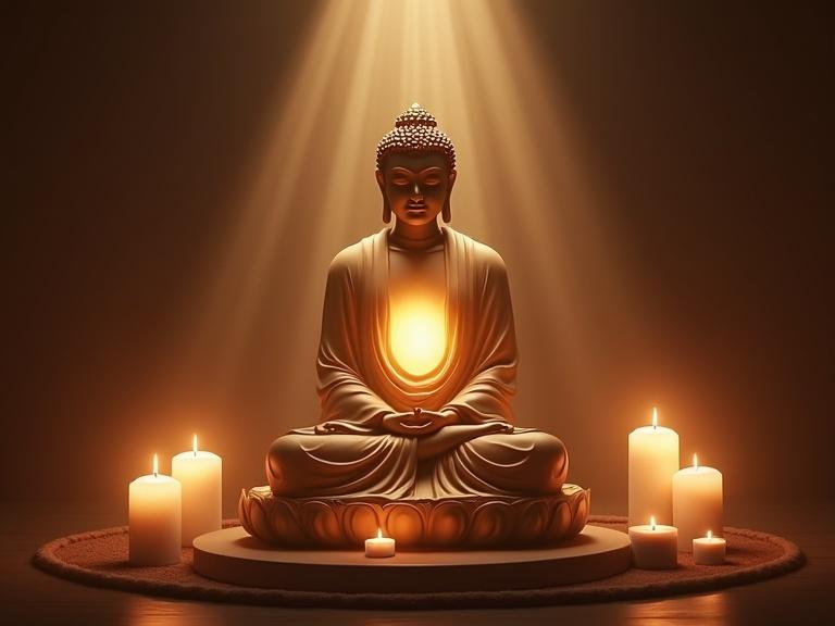 meditation centre with candles incense and a budha in the middle rays of light coming from the chest of the budha
