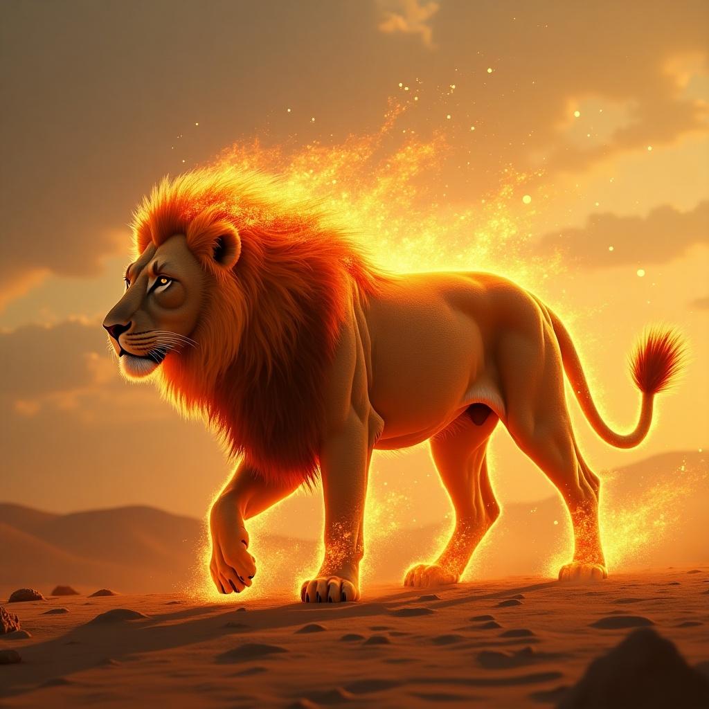 The image depicts a majestic lion walking confidently through a vast desert. Its mane is ablaze with flames, creating a stunning contrast against the warm backdrop of the setting sun. The lion's powerful stance emphasizes its dominance in the wild. The surrounding desert landscape complements the fiery elements, enhancing the overall dramatic effect. This captivating scene combines elements of fantasy and wildlife, making it an eye-catching illustration.