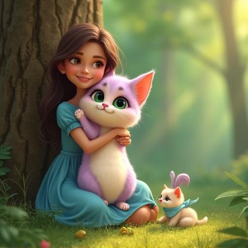 A girl in a blue dress hugs a fluffy anthropomorphic kitten near a forest tree. The kitten has pastel pink and lavender fur, large green eyes. Another small kitten is nearby. Light beams filter through the green trees.