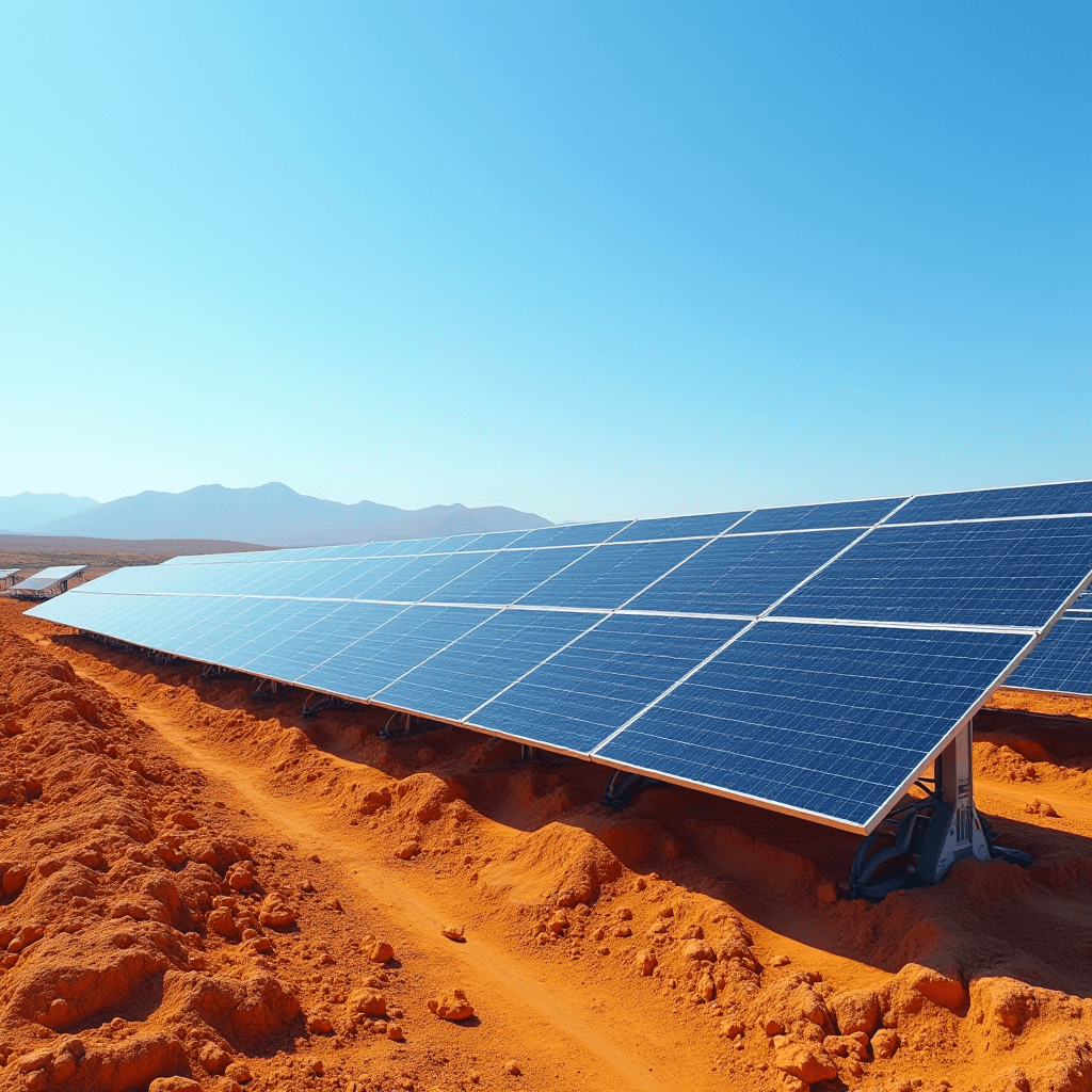 A row of solar panels standing on reddish desert soil under a clear blue sky.