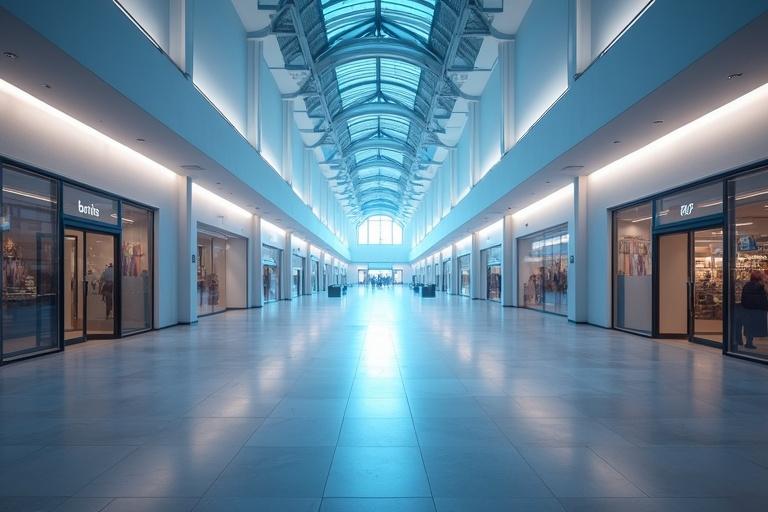 Bright mall with white light lamps illuminating the entire space. Cinematic lighting highlights details in high definition.