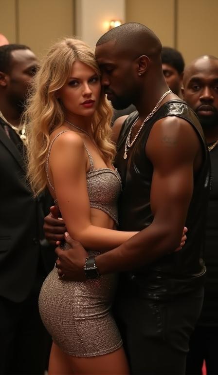Crowded hotel room after an awards show. Star couple embraces closely. Blonde woman dressed in sparkly silver bodycon dress. Older black man in leather vest holds her tight. Background filled with large figures. Side angle captured in full body shot.