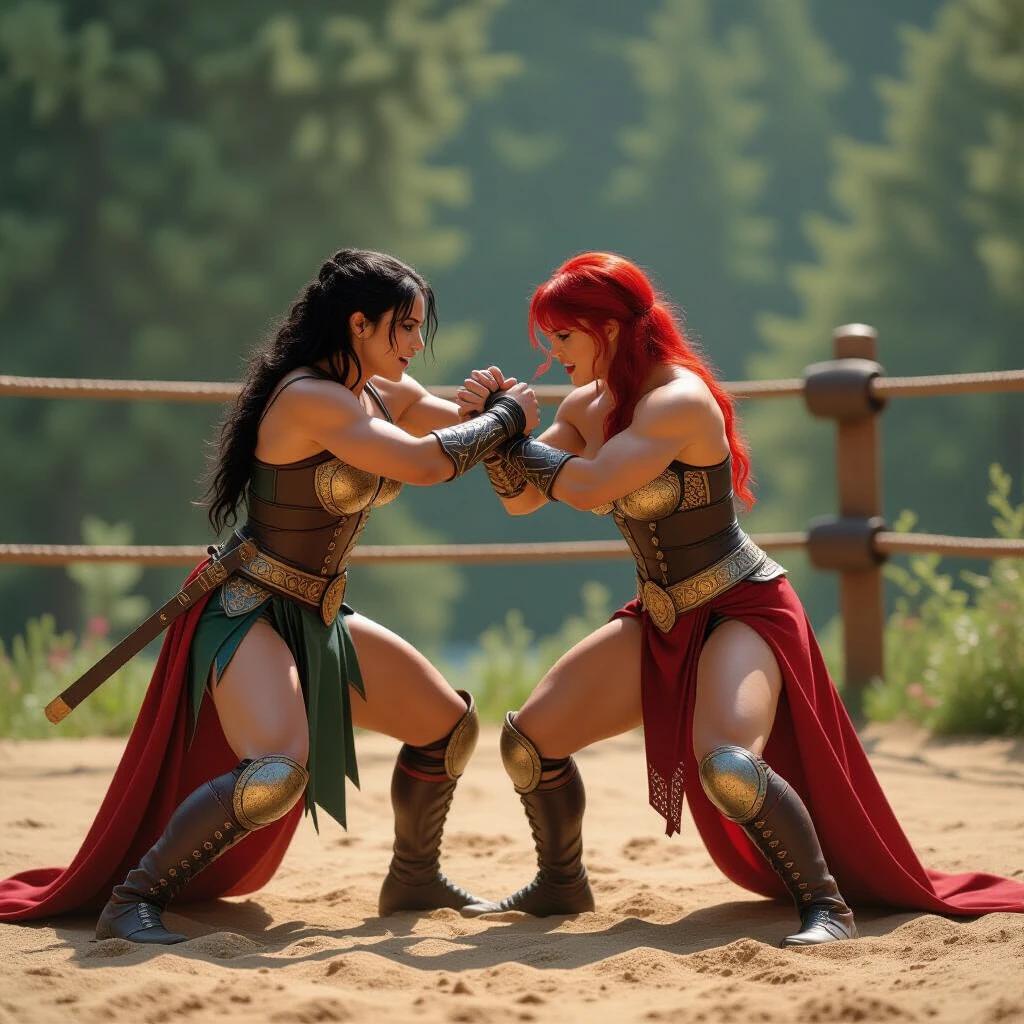 Image depicts two female warriors reminiscent of Xena and Red Sonja engaged in wrestling outdoors. Action-packed scene with detailed costumes and expressions.