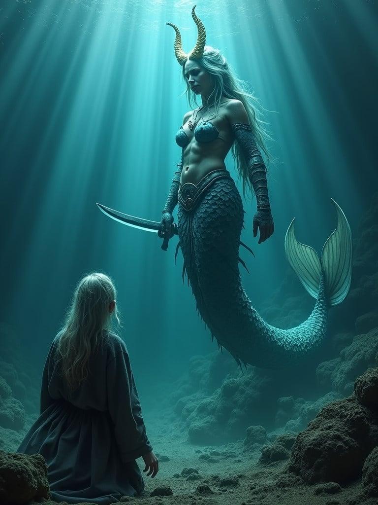 A powerful ancient mermaid sorceress invokes a fierce female mermaid warrior. The old mermaid witch kneels humbly adorned in tattered robes. Surrounding ancient symbols and seaweed enhance the ritual atmosphere. The warrior rises from the ocean depths clad in glowing armor. Her gorgeous features and dragon-like horns contribute to her commanding presence. She wields a sharp katana emanating dark energy. Ghostly blue beams pierce through the water illuminating the scene. The composition reflects the compelling contrast of power and submission.