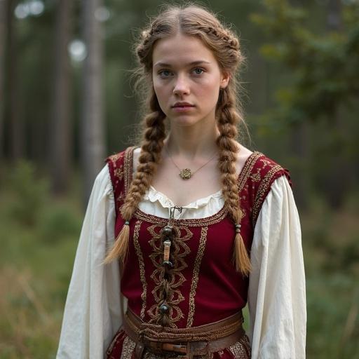 Young woman in traditional medieval Nordic clothing standing in a natural setting