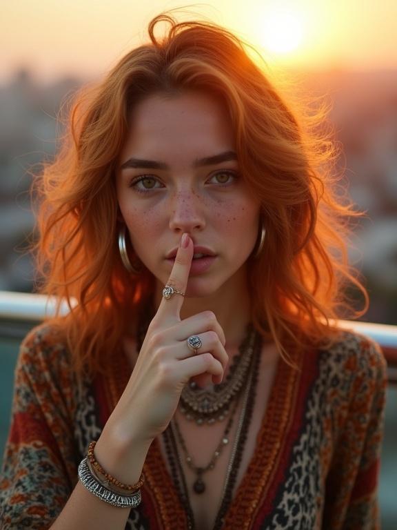Portrait of a teenage girl with ginger hair and freckles. She wears bohemian clothing and layered jewelry. The city skyline is in the background during sunset. Her right index finger is against her lips in a shushing gesture. The photo captures the warmth of the evening light and has a soft background blur.