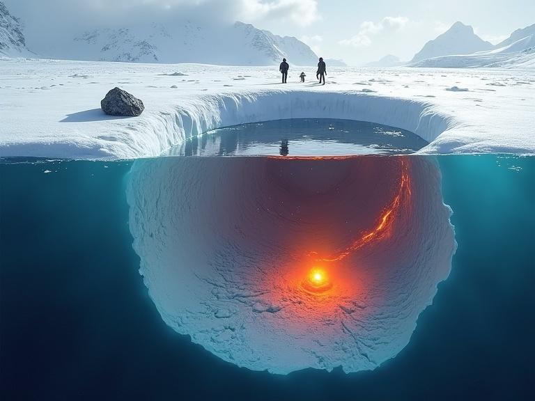 Powerful Antarctic composite image shows hidden richness beneath ice. Scientists examining a meteorite embedded in snow. Massive impact crater revealed through satellite imaging. Cutaway view of subglacial terrain exposes glowing volcanoes under ice. Icy surface appears calm and desolate while below reveals hidden activity. Cinematic, high-detail, layered composition, 16:9 aspect ratio.