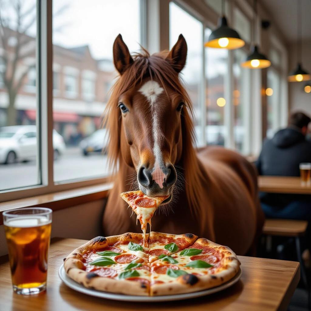 A horse is eating pizza inside a restaurant. The horse has its mouth open reaching for a slice of pizza. A pizza with visible toppings is on the table. A glass of beer is nearby. The setting includes large windows showing an outdoor scene.