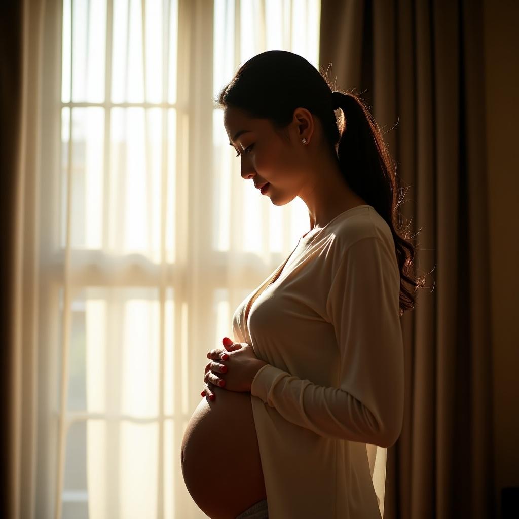 This image features a pregnant woman standing gracefully by a window. She is holding her belly, indicating that she is expecting twins. The soft light filtering through the curtains creates a serene and warm atmosphere. Her silhouette is highlighted, emphasizing her pregnancy. The scene conveys a sense of anticipation and beauty.