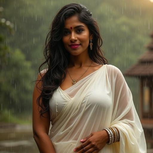 Curvy Indian woman standing in rain wearing wet white saree. Saree drapes elegantly showing navel. Dark wavy hair cascading over shoulders. Red bindi, glass bangles, dark pink lipstick. Expression gentle and confident. Background blurred temple or rural landscape with golden rain light effects.