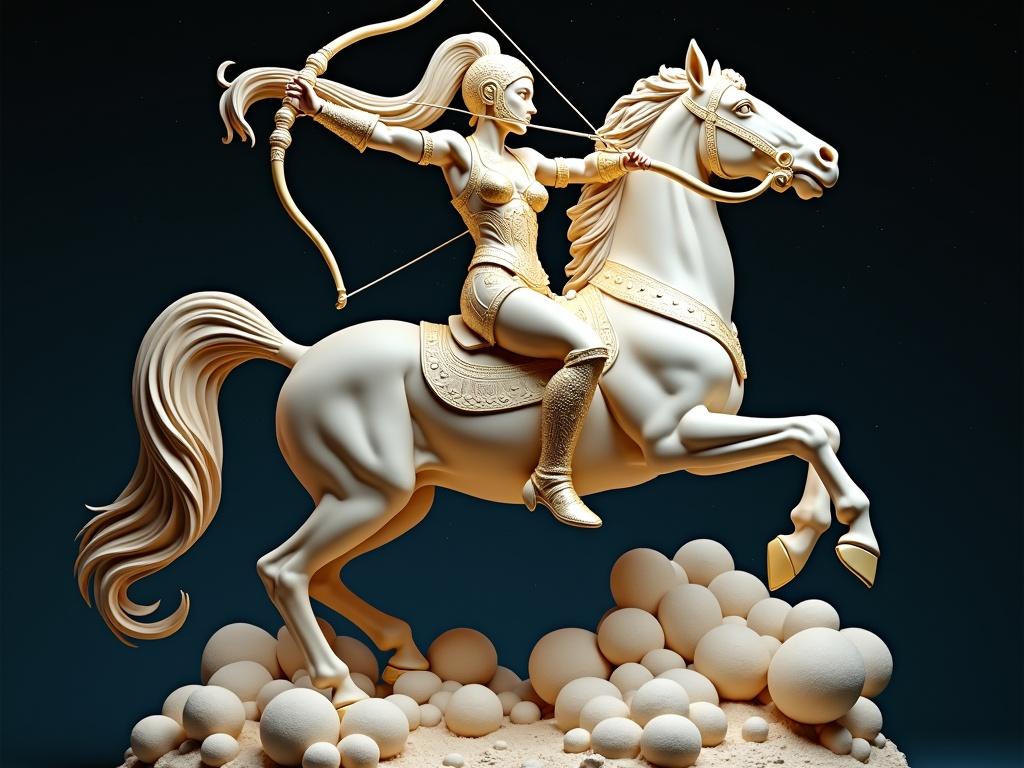A detailed resin sculpture of a majestic warrior goddess inspiring Sagittarius zodiac. Archer draws bow on galactic horse. Long hair in ponytail under ornate helmet. Glistening armor has golden plates. Horse leaps through cosmic clouds with flowing mane. Background is starry.