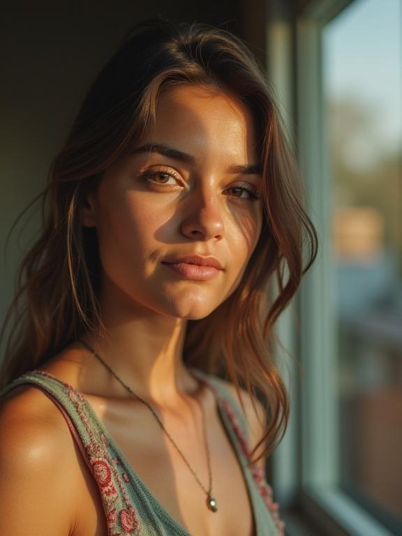 Portrait of a beautiful woman in natural light. Warm sunlight creates a soft glow on her face. The background is slightly blurred. The atmosphere feels relaxed and intimate.