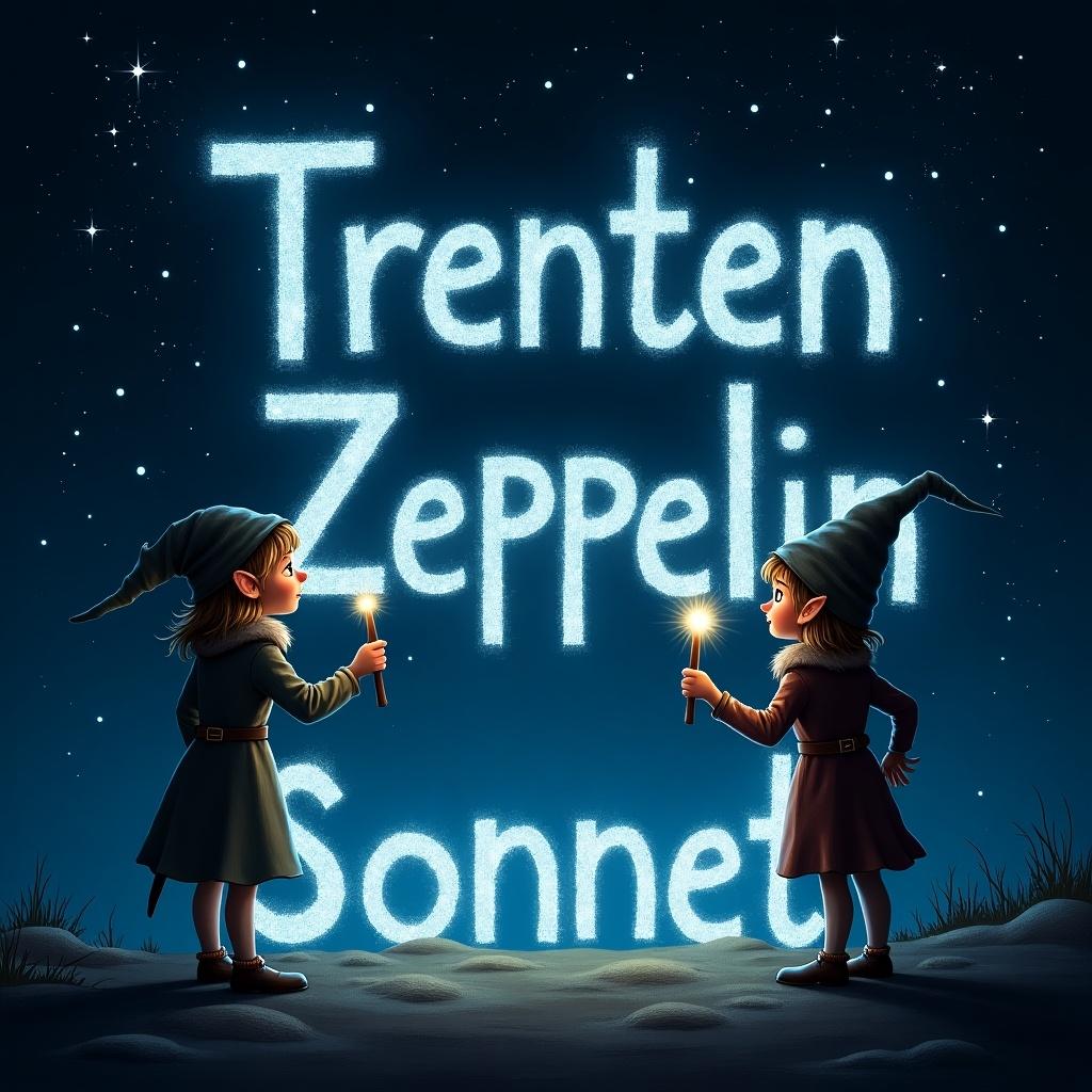 This image depicts an enchanting scene with two elves under a starry night sky. One elf is using a magical wand to carefully write names in glowing letters in the air. The names 'Trenten', 'Zeppelin', and 'Sonnet' are glowing brightly against the dark backdrop. The atmosphere is whimsical and inviting, perfect for a fairy tale. The overall enchantment is enhanced by the beautiful contrast between the dark sky and the luminous text, captivating viewers' imaginations.