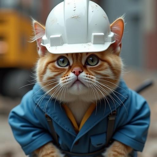 A cat wears a white hard hat and blue work jacket. Sweat beads on the forehead. Head is slightly tilted. One ear droops. Background shows construction site. Cat has a slightly hunched posture and a scared expression. Body trembles and eyes are wide with dilated pupils. Cat is crouched with flattened ears. Fur is standing on end.